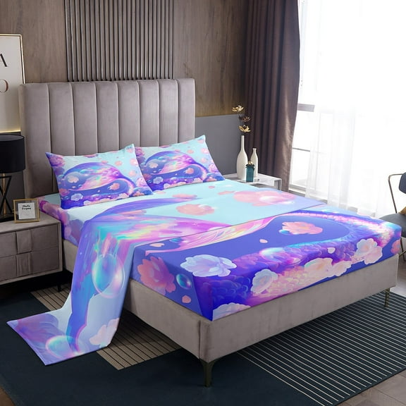 Erosebridal Princess Mermaid Twin Sheet Sets, Dreamy Flower Bedding Twin Size, Fish Tail Reversible Bed Sheets Twin, Microfiber Room Decor, 3-Piece