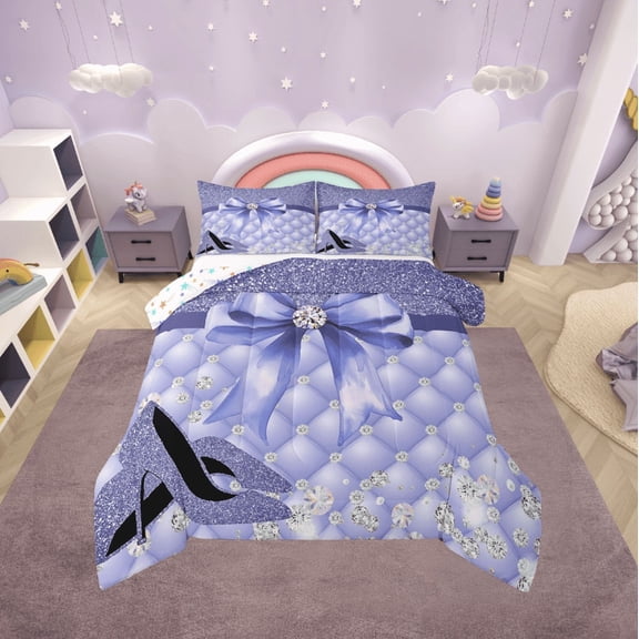 Erosebridal Crystal Bow Bedding Twin Comforter Set,Glitter High Heels Down Comforter,Lightweight Reversible Bedding Sets Twin with Comforter,Geometric Plaid Decor,3pcs