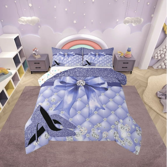 Erosebridal Crystal Bow Bedding Twin Comforter Set,Glitter High Heels Down Comforter,Lightweight Reversible Bedding Sets Twin with Comforter,Geometric Plaid Decor,3pcs