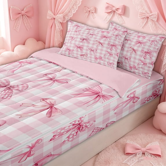 Erosebridal Princess Plaid Bow Zipper Full Size Comforter Sets with Fitted Sheet and 2 Pillowcases for Teens, Fashion Ribbon Style Zipper Bedding Set, Pink Reversible, 4 Pieces