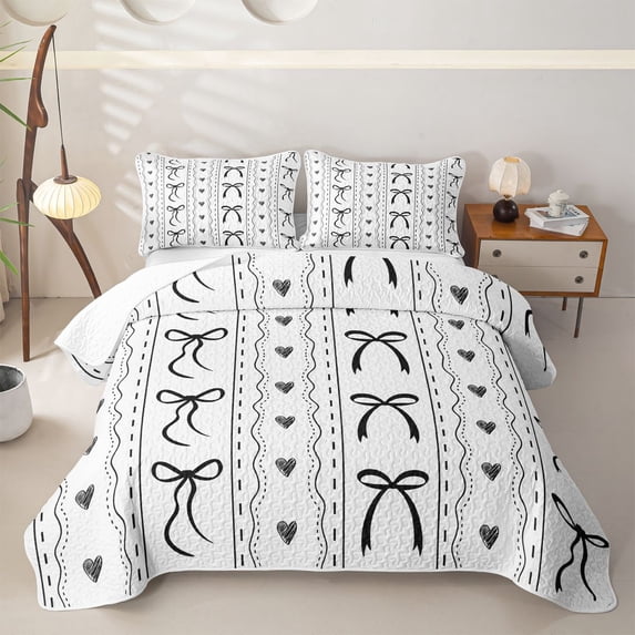 Erosebridal Princess Ribbon Bed Spread Queen for Girl, Cartoon White Black Queen Coverlet Set, 3 Pieces