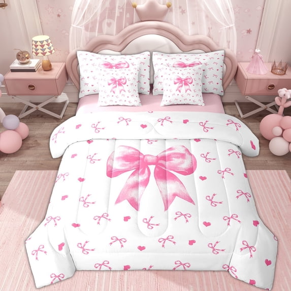 Erosebridal Princess Ribbon Bedding Comforter Set 7 Pieces for Kid, Butterfly Knot Full Bedding Set, White Pink