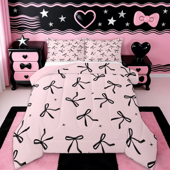 Erosebridal Princess Ribbon Bowknot Queen Comforter Set,Black Bowtie Gifts Bedding Comforter Set For Kids Girls,Pink Reversible,3-Piece