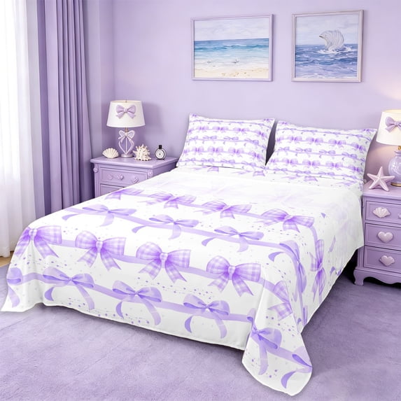 Erosebridal Princess Ribbon Bowknot Queen Sheet Sets,Purple Cute Coquette Bow Bed Set For Kids 4-Piece