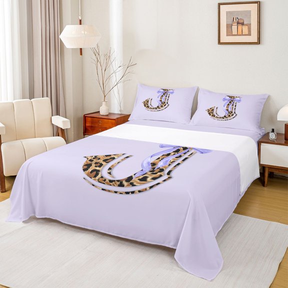 Erosebridal Princess Ribbon Full Size Sheets for Kids, Letter J Cheetah Print Bed Sheets, 4pcs
