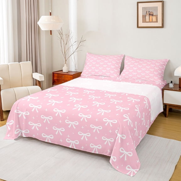 Erosebridal Princess Ribbon Kids Full Size Sheets, Dreamy Girly Pink Bow Bed Sheets, 4pcs