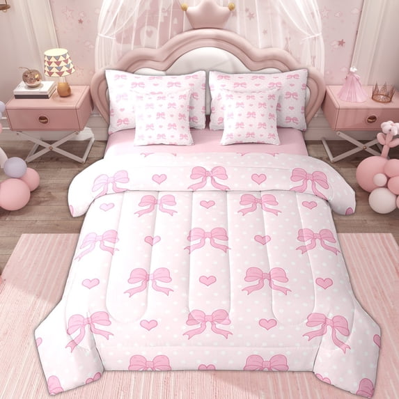 Erosebridal Princess Ribbon Twin Bedding Sets 7-Piece, Love Heart Bedding Comforter Set, Pink Reversible