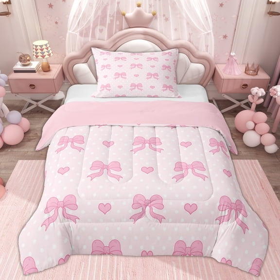 Erosebridal Princess Ribbon Twin Comforter Sets, Love Heart Bedding Set, Pink Reversible, 2-Piece