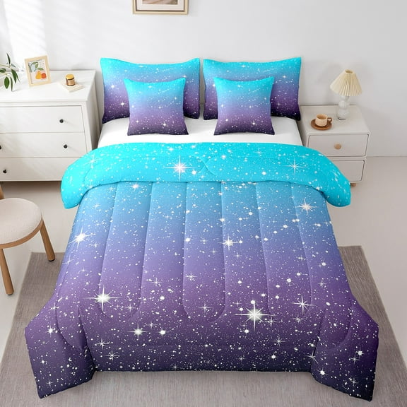 Erosebridal Psychedelic Galaxy Bedding Sets Twin Size,Glitter Stars Comforter Sets With Sheets,Blue Purple Black Bed In A Bag Twin Size, Lightweight Bedroom Decorative,7-Piece