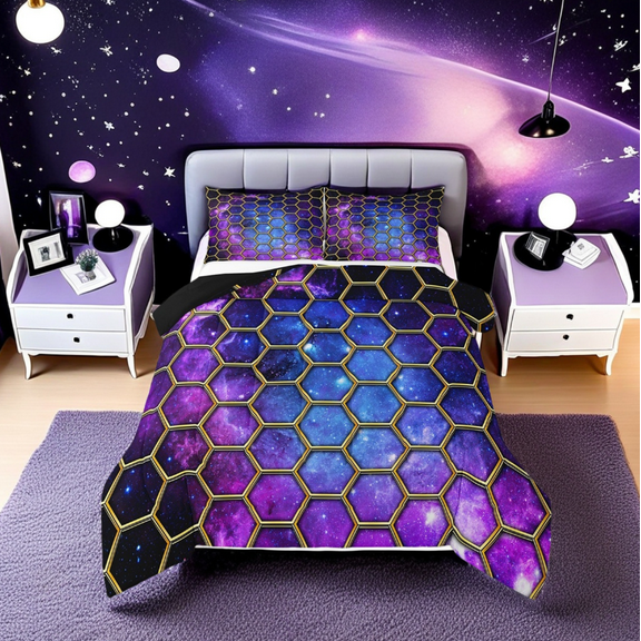 Erosebridal Psychedelic Galaxy Outer Space Bedding Sets Twin with Comforter, Honeycomb Hexagon Print Duvet Insert, Reversible 2-Piece, Super Cozy
