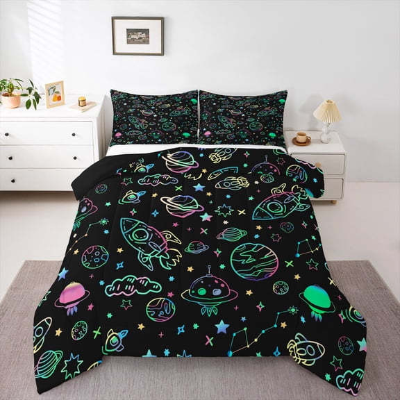 Erosebridal Psychedelic Galaxy Universe Bedding King Comforter Set,Outer Space Planets Down Comforter,Rocket Stars Bedding Sets King with Comforter ,Black Lightweight Room Decor Reversible,3 Pieces