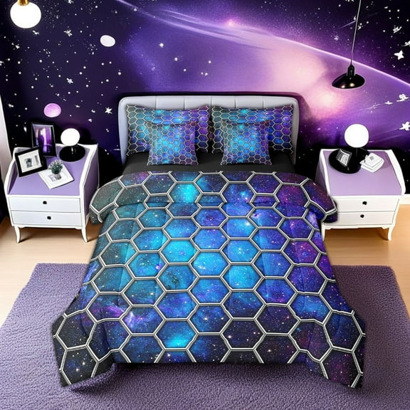 Erosebridal Psychedelic Space Galaxy Bedding Twin Size, Geometric Honeycomb Bedding Accessories, Super Cozy 7-Piece