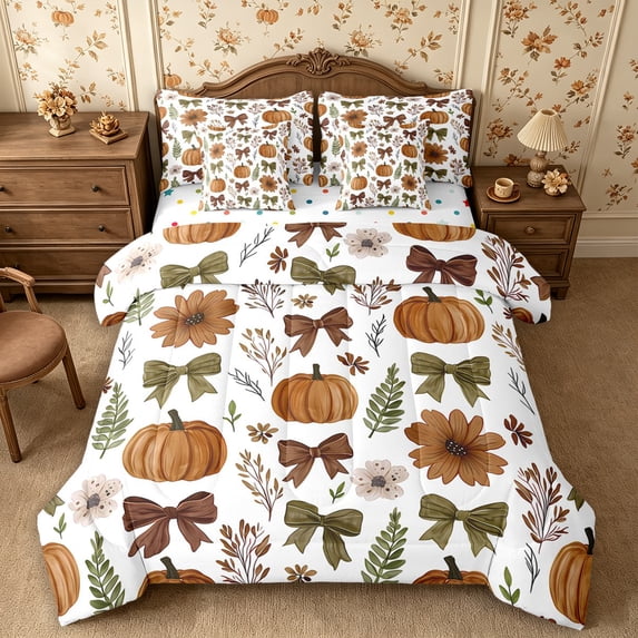 Erosebridal Pumpkin Bow King Bedding 7pcs,Fall Harvest King Bed in a Bag,Multi White,Reversible