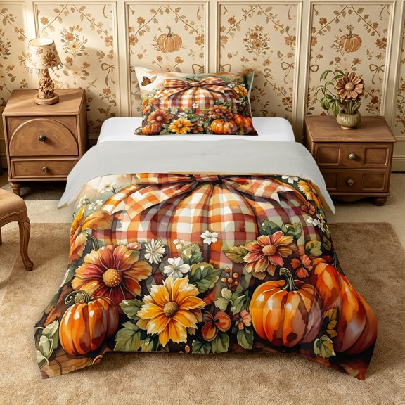 Erosebridal Pumpkin Bow Twin Comforter Sets 2pcs,Fall Harvest Bedding Set,Ivory,Reversible,1 Comforter and 1 Pillowcase