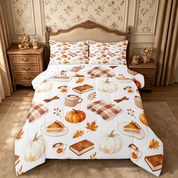 Erosebridal Pumpkin Coffee Queen Comforter Set 3 Pieces,Cozy Fall Comforter Sets Queen,White Orange Brown,Reversible,1 Comforter and 2 Pillowcases