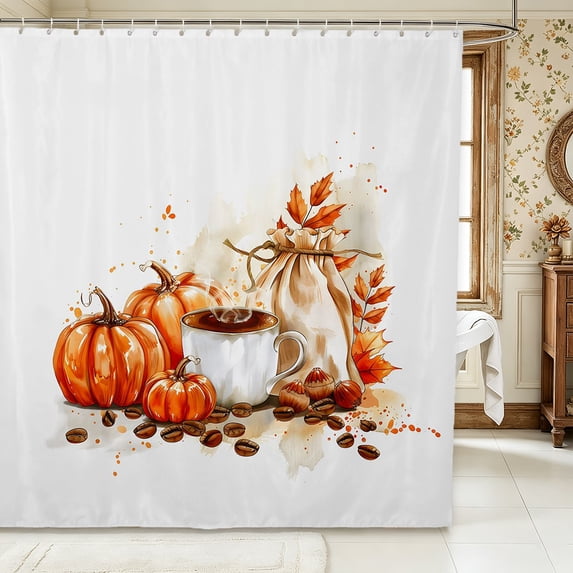 Erosebridal Pumpkin Coffee Shower Curtain 72Wx78L,Cozy Fall Bath Curtain,Orange White