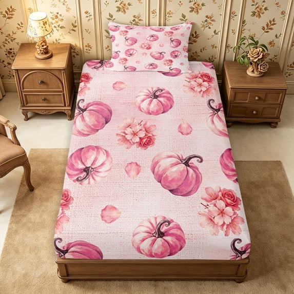 Erosebridal Pumpkin Floral Twin Fitted Sheet 2 Pieces,Cute Fall Bedding,Pink,1 Fitted Sheet and 1 Pillowcase