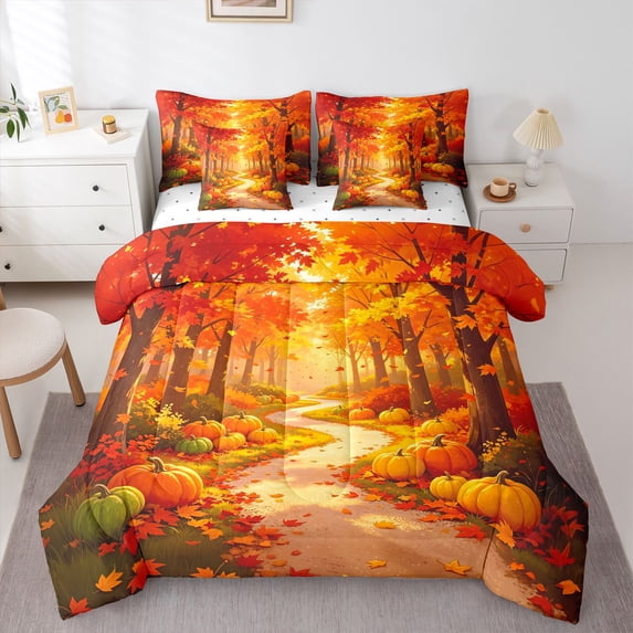 Erosebridal Pumpkin Harvest 7-Piece Twin Bedding,Happy Fall Bedding Comforter Set,Red Orange,Reversible