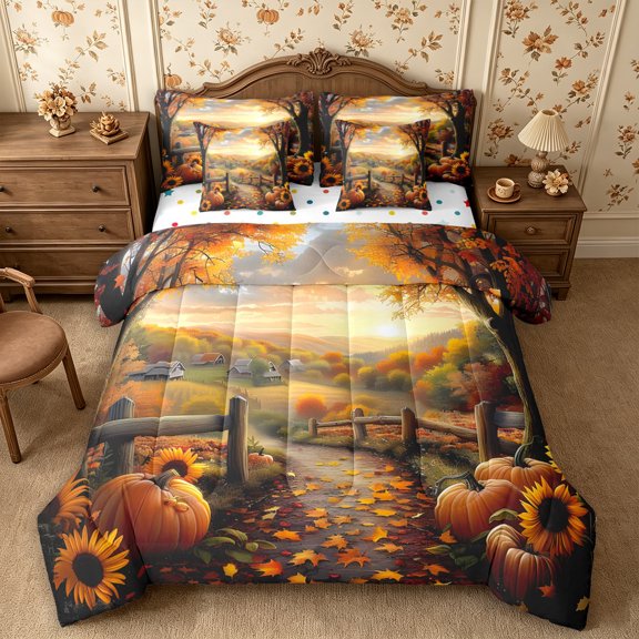 Erosebridal Pumpkin Harvest Full Size Bedding Sets 7 Pieces,Fall Rustic Cabin Full Size Bed in a Bag,Gold,Reversible