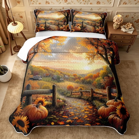 Erosebridal Pumpkin Harvest Quilt King 3 Pieces,Fall Rustic Cabin King Coverlet Set,Gold,1 Bedspread and 2 Pillowcases