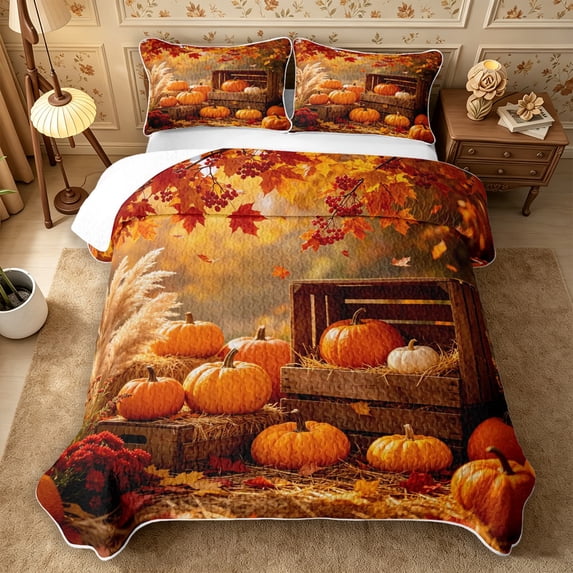 Erosebridal Pumpkin Harvest Quilt King 3 Pieces,Happy Fall King Coverlet Set,Gold,1 Bedspread and 2 Pillowcases