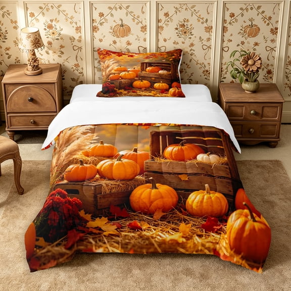 Erosebridal Pumpkin Harvest Twin Comforter Sets 2pcs,Happy Fall Bedding Set,Gold,1 Comforter and 1 Pillowcase