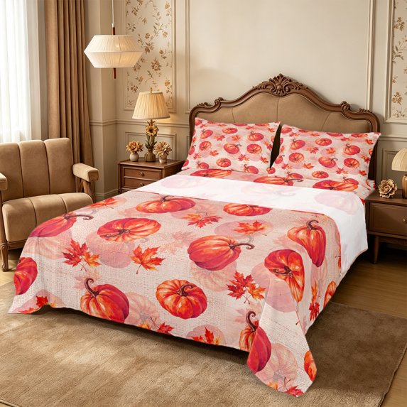 Erosebridal Pumpkin Leaves Bed Sheets 4-Piece,Fall Harvest Full Size Sheets,Rose,1 Flat Sheet, 1 Fitted Sheet and 2 Pillowcases