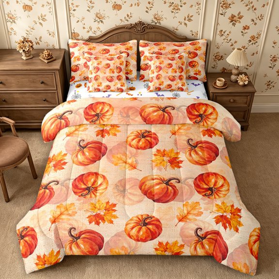 Erosebridal Pumpkin Leaves Full Size Bedding Sets 7 Pieces,Fall Harvest Full Size Bed in a Bag,Peach,Reversible