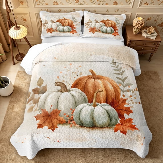 Erosebridal Pumpkin Leaves Quilt King 3 Pieces,Fall Harvest King Coverlet Set,White Orange Green,1 Bedspread and 2 Pillowcases