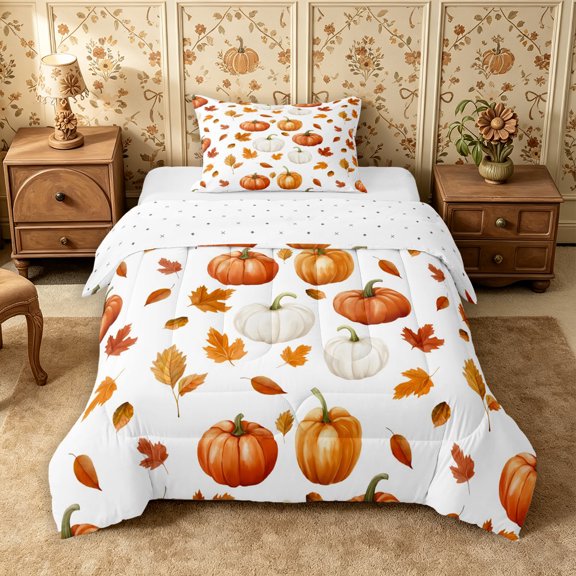 Erosebridal Pumpkin Leaves Twin Comforter Sets 2pcs,Fall Harvest Bedding Set,Orange White,Reversible,1 Comforter and 1 Pillowcase
