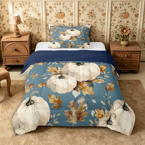 Erosebridal Pumpkin Leaves Twin Comforter Sets 2pcs,Fall Harvest Bedding Set,Teal,Reversible,1 Comforter and 1 Pillowcase