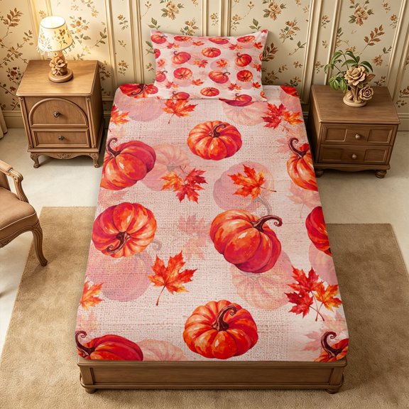 Erosebridal Pumpkin Leaves Twin Fitted Sheet 2 Pieces,Fall Harvest Bedding,Rose,1 Fitted Sheet and 1 Pillowcase