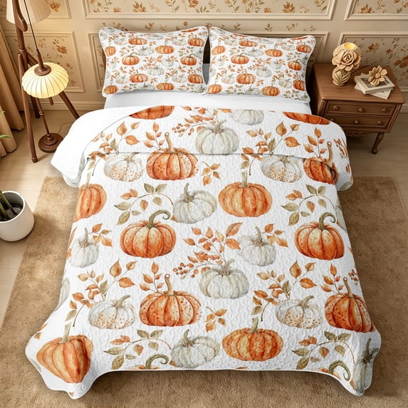 Erosebridal Pumpkin Leaves Twin Quilt Set 2 Pieces,Fall Harvest Twin Coverlet Set,Peach White,1 Bedspread and 1 Pillowcase