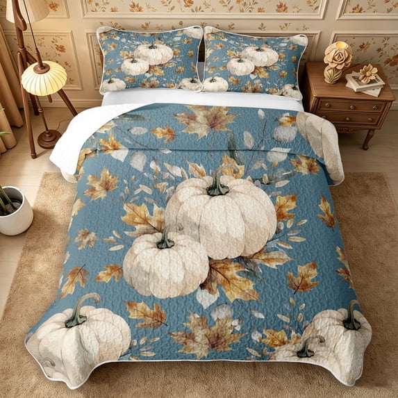 Erosebridal Pumpkin Leaves Twin Quilt Set 2 Pieces,Fall Harvest Twin Coverlet Set,Teal,1 Bedspread and 1 Pillowcase