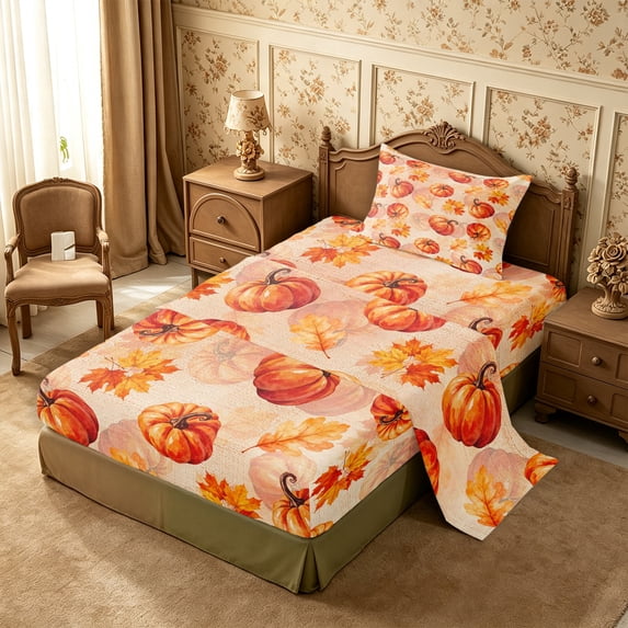 Erosebridal Pumpkin Leaves Twin Sheets 3pcs,Fall Harvest Bedding,Peach,1 Flat Sheet, 1 Fitted Sheet and 1 Pillowcase