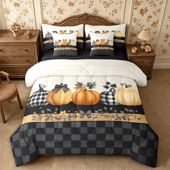 Erosebridal Pumpkin Patch King Bedding 7pcs,Fall Harvest King Bed in a Bag,Ivory,Reversible