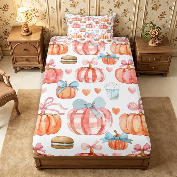 Erosebridal Pumpkin Sweets Twin Fitted Sheet 2 Pieces,Cute Fall Bedding,Light Blue,1 Fitted Sheet and 1 Pillowcase