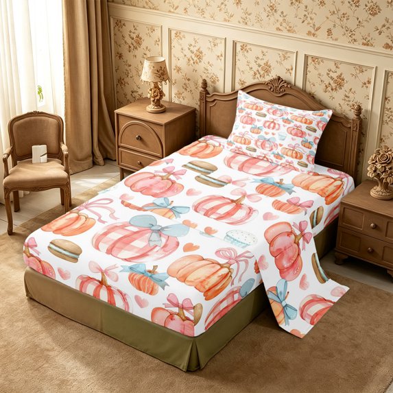 Erosebridal Pumpkin Sweets Twin Sheets 3pcs,Cute Fall Bedding,Light Blue,1 Flat Sheet, 1 Fitted Sheet and 1 Pillowcase