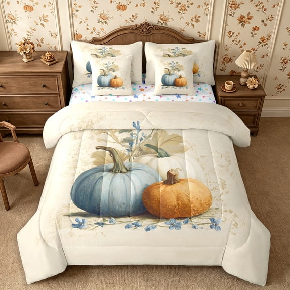 Erosebridal Pumpkin Trio Full Size Bedding Sets 7 Pieces,Fall Harvest Full Size Bed in a Bag,Khaki,Reversible