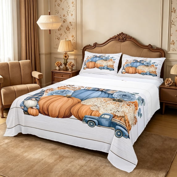 Erosebridal Pumpkin Truck Queen Sheets 4 Pieces,Fall Farm Queen Sheet Sets,White Blue Orange,1 Flat Sheet, 1 Fitted Sheet and 2 Pillowcases