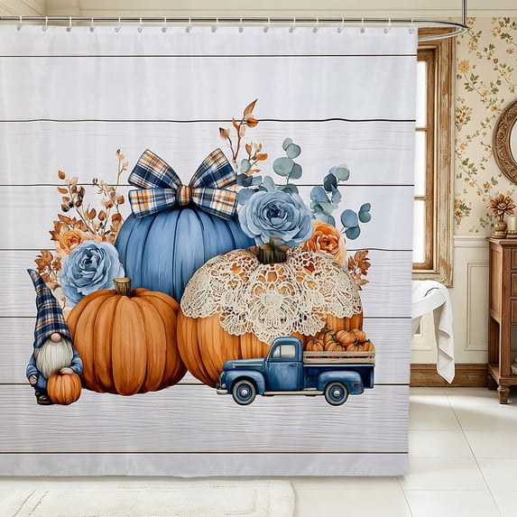 Erosebridal Pumpkin Truck Shower Curtain 72Wx72L,Fall Farm Bathroom Curtain,White Blue Orange