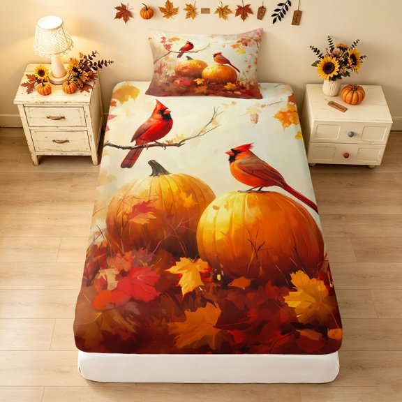 Erosebridal Pumpkin Twin Fitted Sheet, Cardinal Bird Autumn Bedding, Orange Cream, 2-Piece, 1 Fitted Sheet and 1 Pillowcase