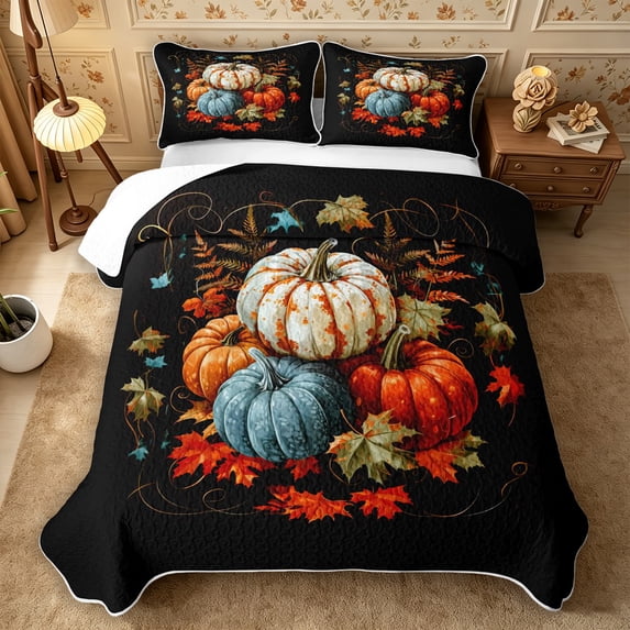 Erosebridal Pumpkin Variety Bed Spread Queen 3pcs,Fall Harvest Queen Coverlet Set,Dark Green,1 Quilt and 2 Pillowcases