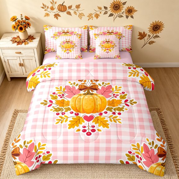 Erosebridal Pumpkin Wreath Queen Bedding, Plaid Buffalo Bedding Comforter Set Queen, Pink Orange, Pink Reversible, 7pcs