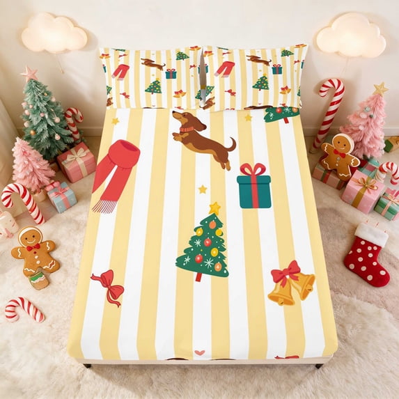 Manfei Puppy Fitted Sheet Full Holiday Bed Set, Pink White 3 Pieces 1 Fitted Sheet and 2 Pillowcases