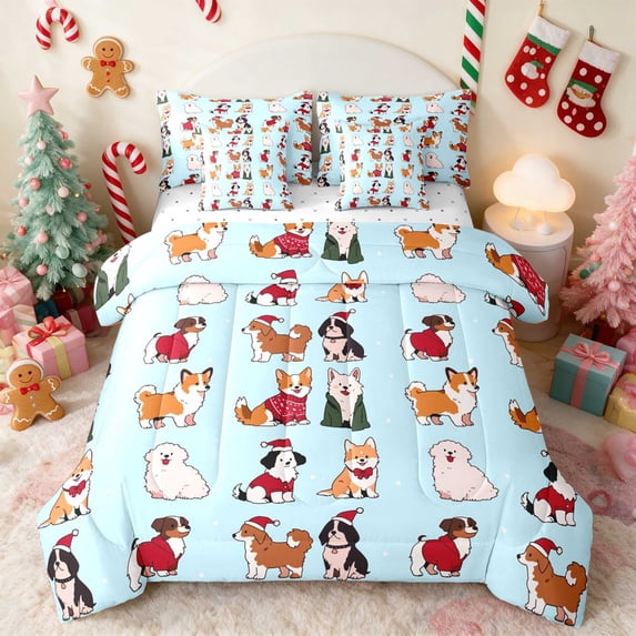 Manfei Puppy Queen Bedding 7 Pieces Holiday Bedding Comforter Set Queen, Navy Silver, Reversible