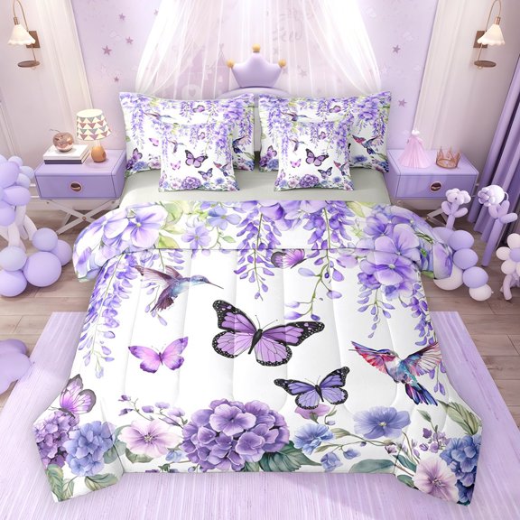 Erosebridal Puprle Buttefly Bedding Comforter Set for Girls, Hydrangea Flower Queen Bedding Sets, Gray Reversible, 7pcs