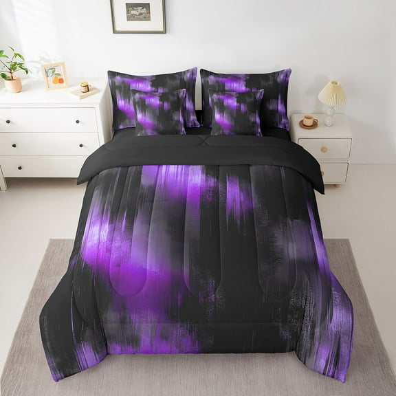 Erosebridal Purple Abstract Bed in a Bag Twin size, Stripe Ombre Bed Set, Chic Minimalism Decor, Reversible 7-Piece