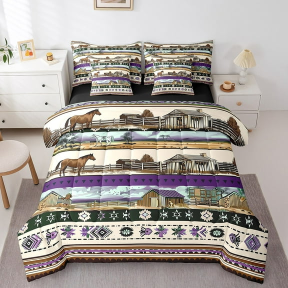 Erosebridal Purple Aztec Bedding, Countryside Bed in a Bag, Lodge Cabin Reversible Bed Set, Breathable Bedroom Decorative, 7-Piece