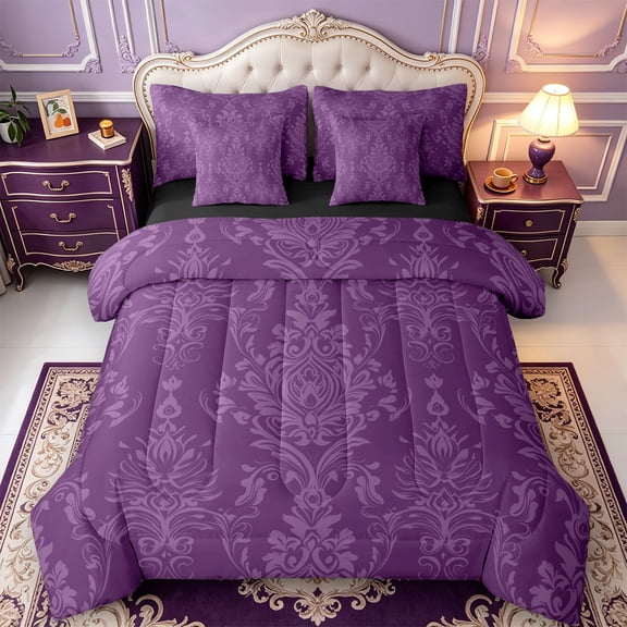 Erosebridal Purple Baroque Floral 7 Pieces Full Size Bedding Sets,Ornate Vintage Motif Full Size Bed in a Bag,Black Reversible